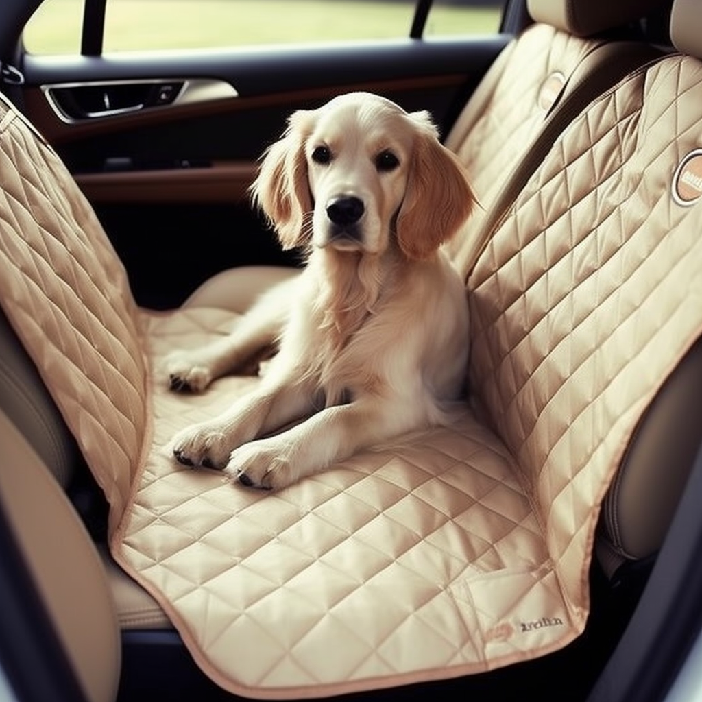 dog laying on golden car seat cover in back seat