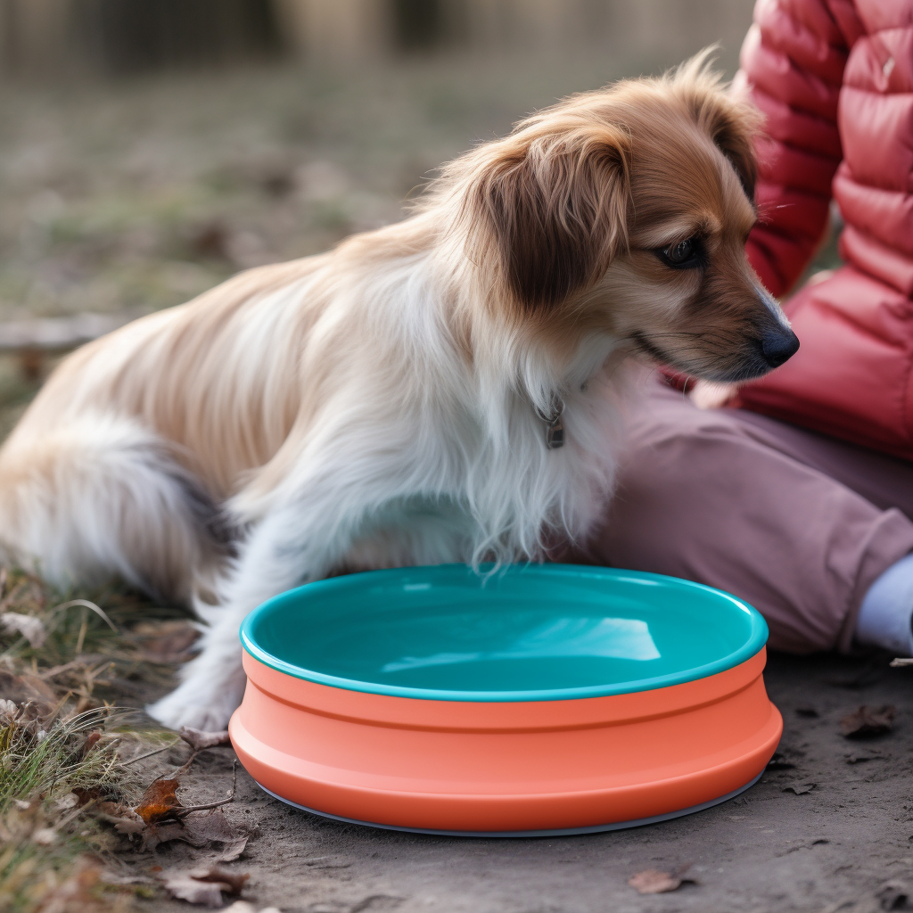 dog with water bowl outside